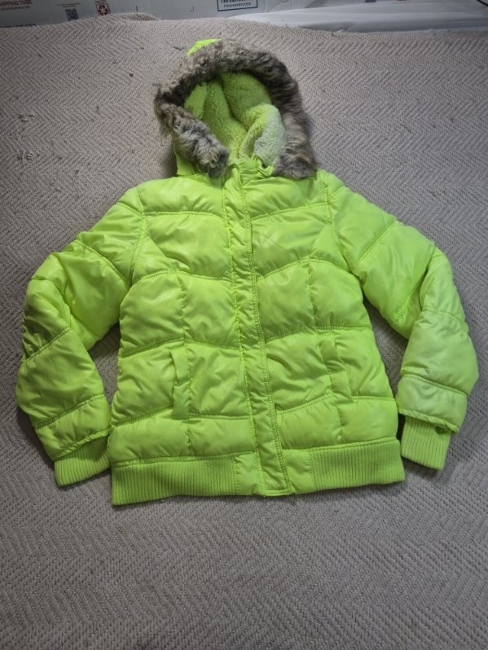 Justice Neon Green Puffer Jacket with Faux Fur Hood